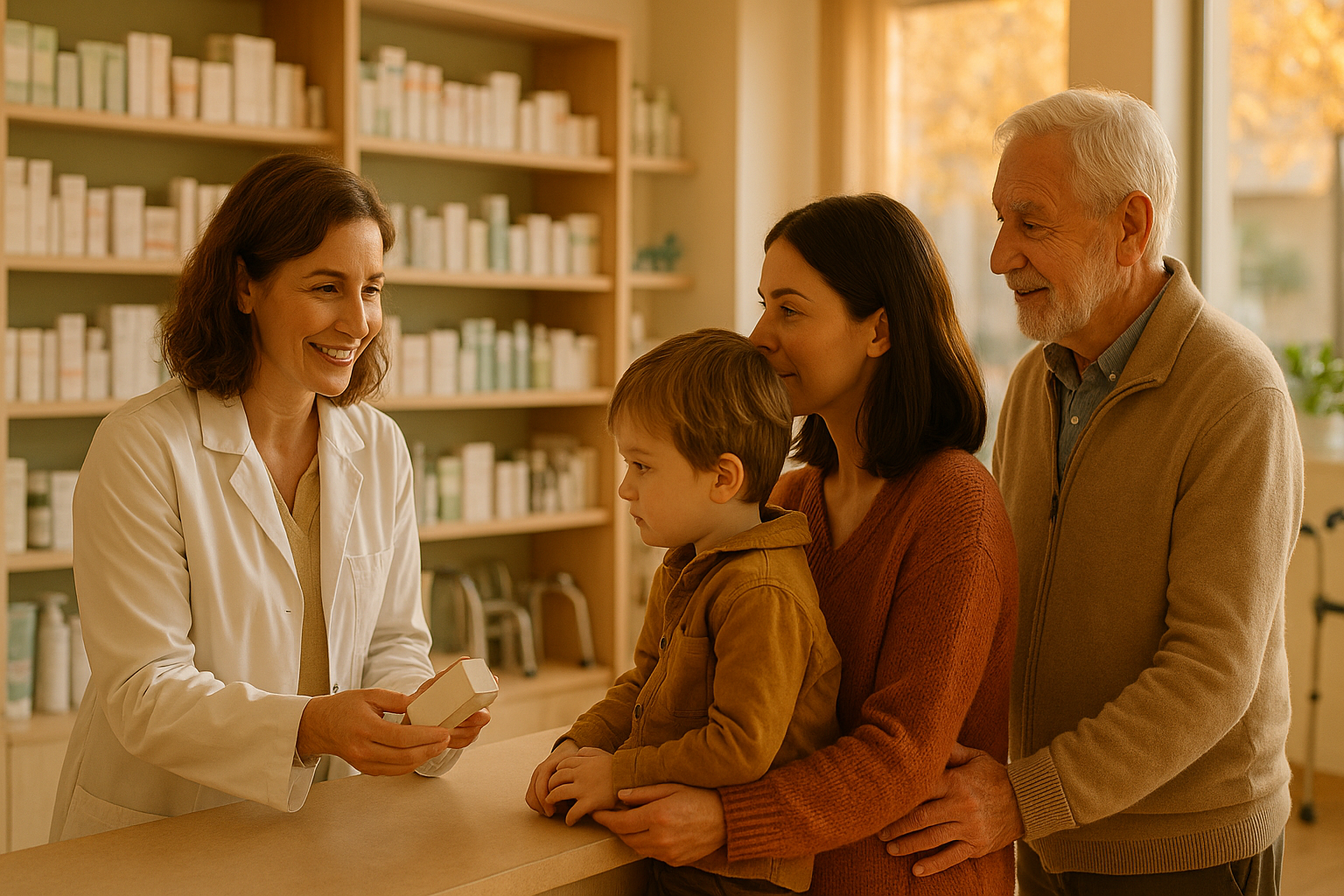 Farmacia en otoño con farmacéutico atendiendo a una familia; prepararse para la gripe con trato cercano y ortopedia al fondo.