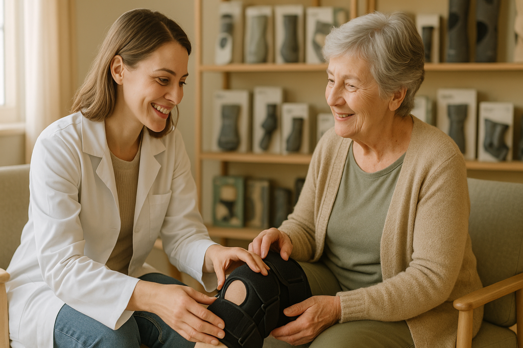 Farmacéutica ayuda a mujer mayor a ajustar una rodillera en ortopedia; asesoramiento profesional y ofertas ortopedia seguras