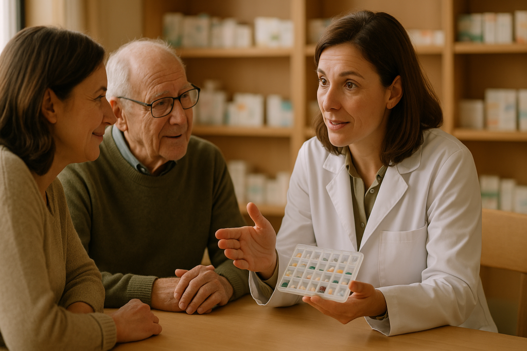 Seguimiento farmacoterapéutico Hospitalet en consulta; farmacéutico explica un SPD a paciente mayor y cuidador, trato cercano
