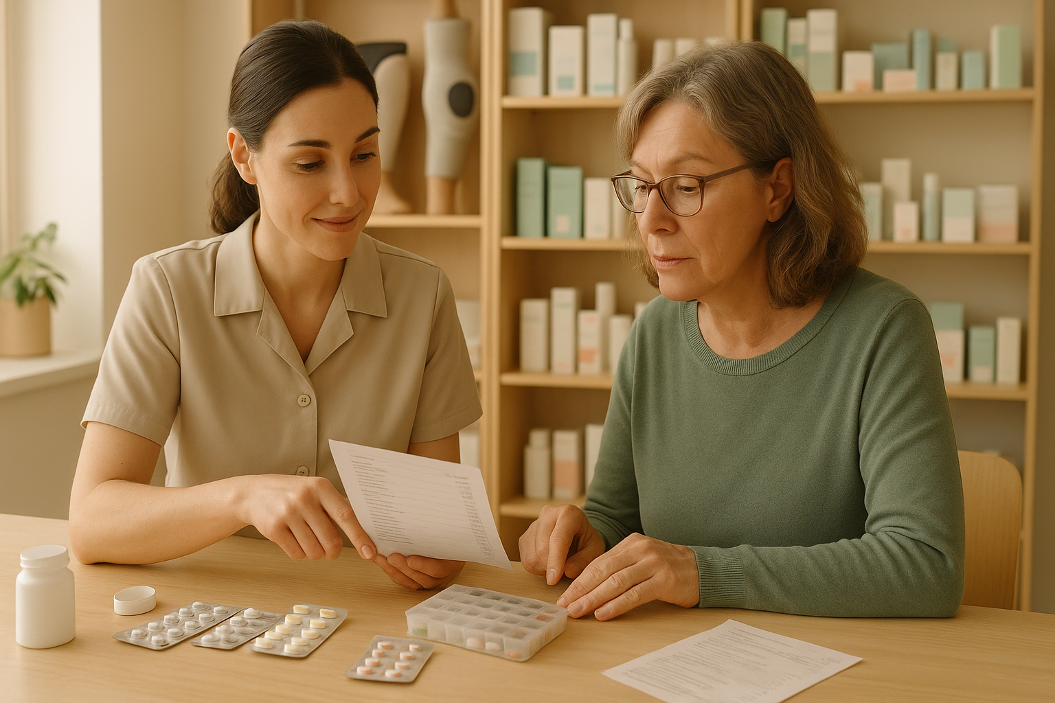 Farmacéutica y paciente revisan lista y SPD en farmacia, chequeo de medicación al iniciar 2026.