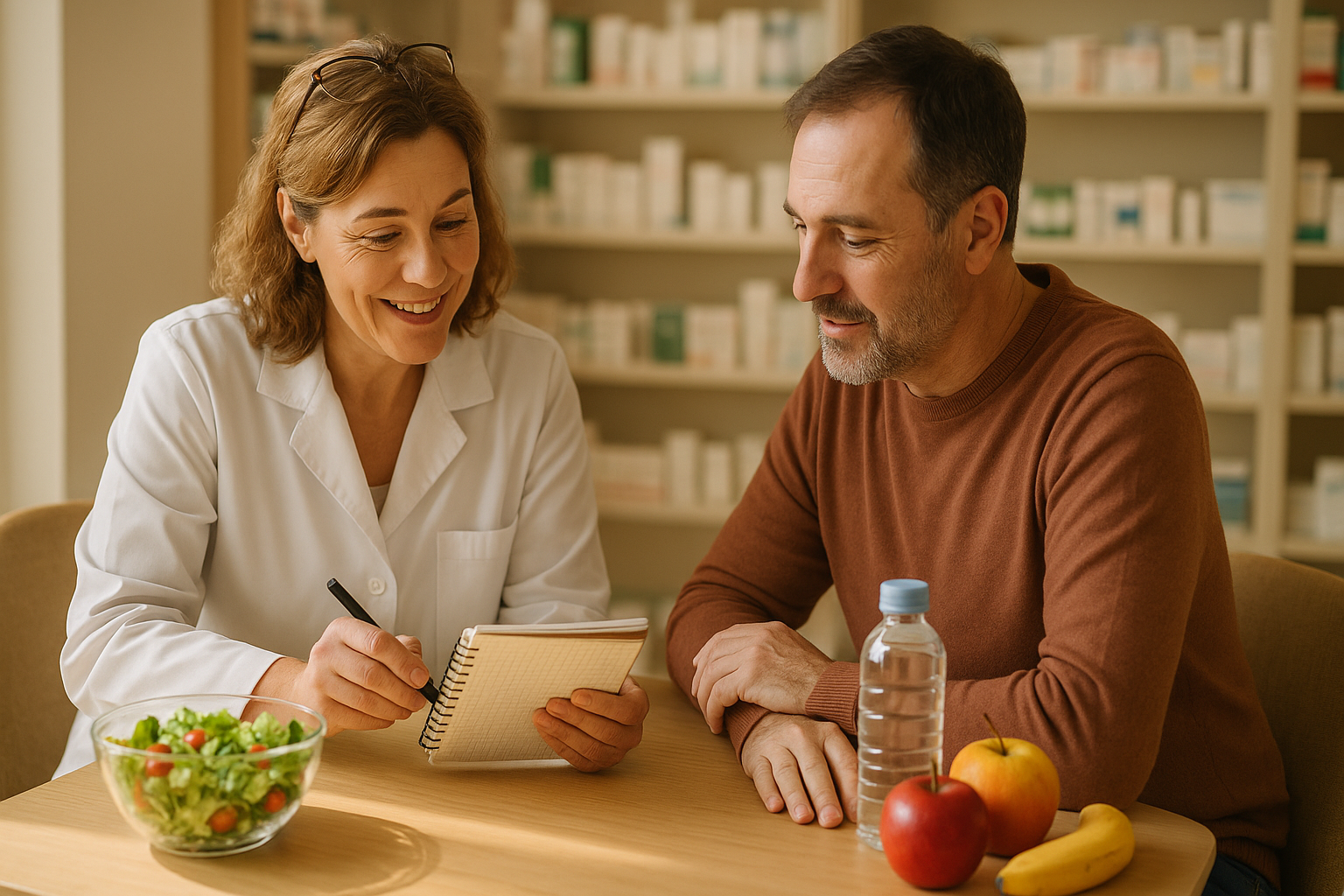 Nutrición en enero en farmacia: farmacéutica asesora a una persona adulta con plan de comidas y alimentos saludables.