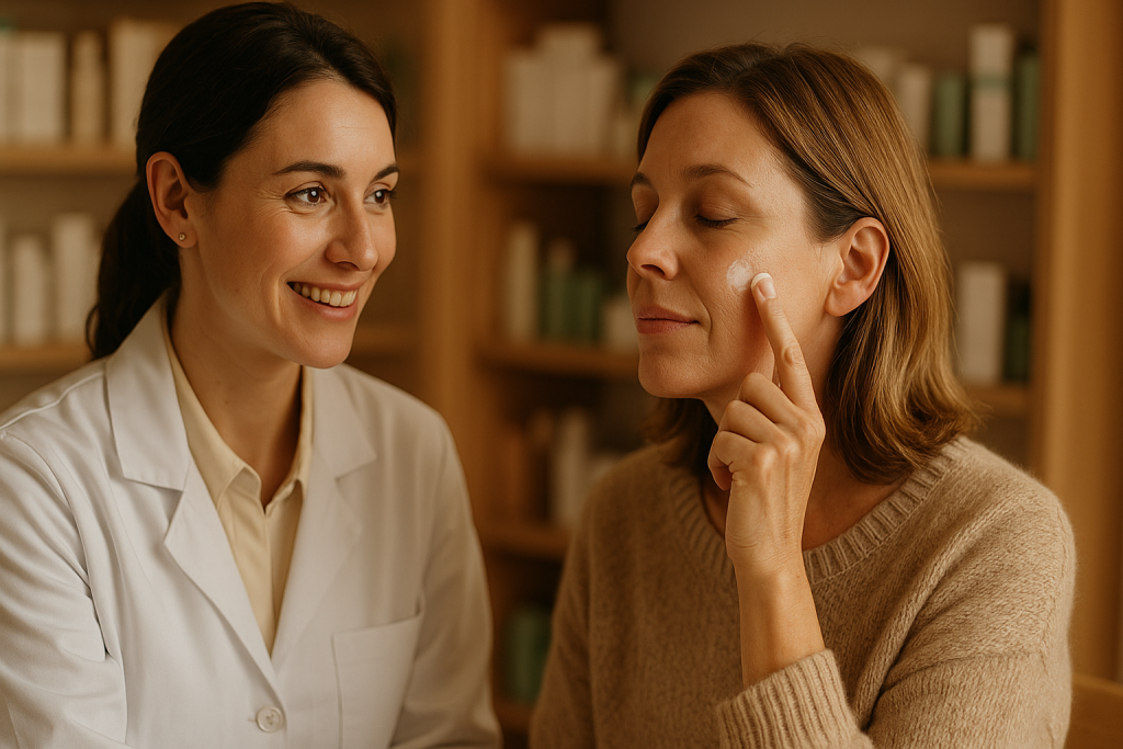 Farmacéutica aconseja a mujer que aplica crema; escena cálida en farmacia para piel seca invierno.