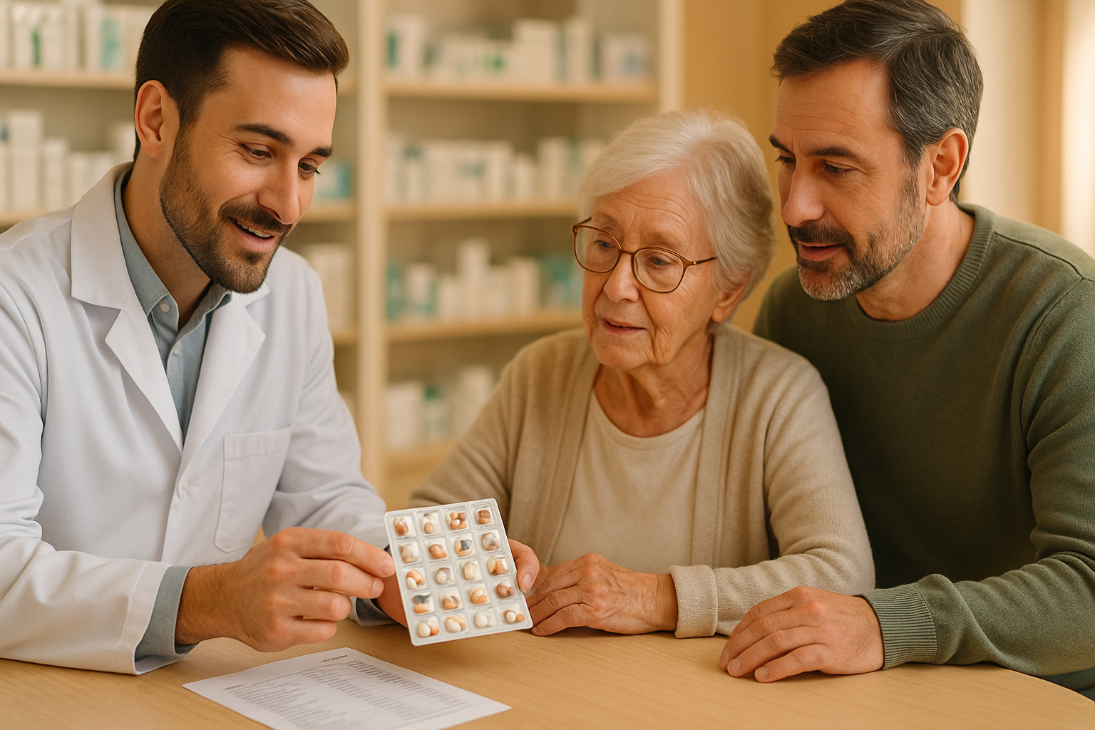 Farmacéutico entregando un blíster SPD a una mujer mayor con su cuidador en una farmacia; SPD en Hospitalet, atención cercana