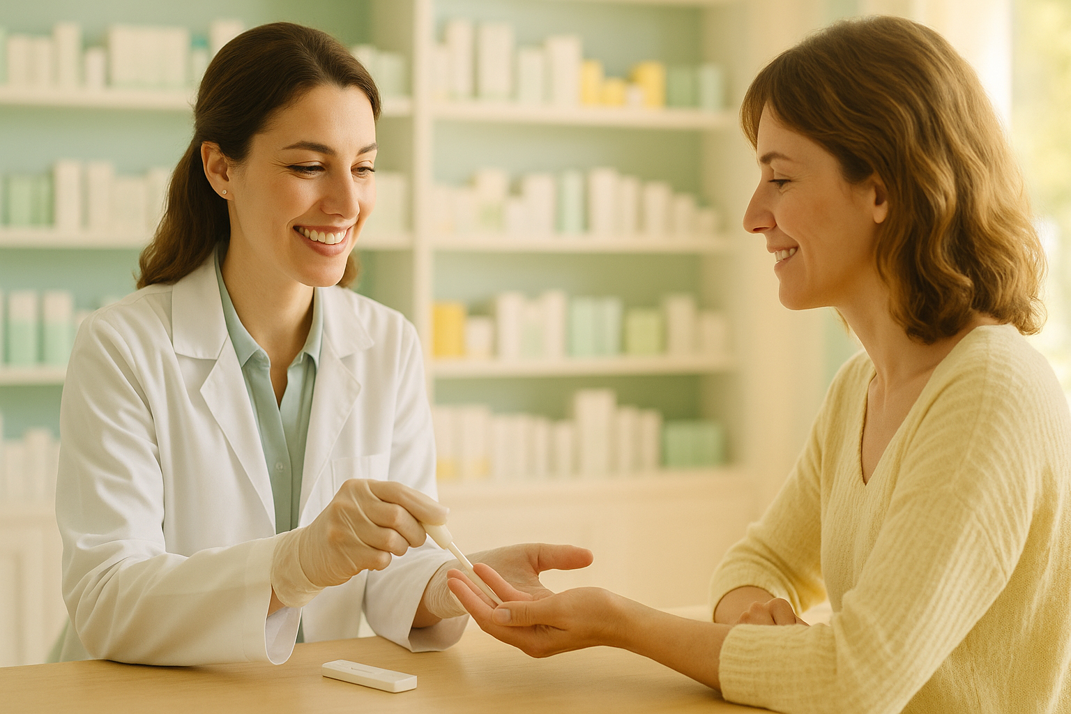 Farmacéutica realiza test rápido a paciente en mostrador de farmacia, escena luminosa de primavera con alergias primaverales.