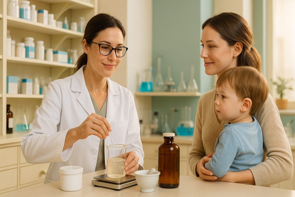 Farmacéutico prepara fórmulas magistrales Cornellà y atiende a una madre con su hijo en una farmacia luminosa.