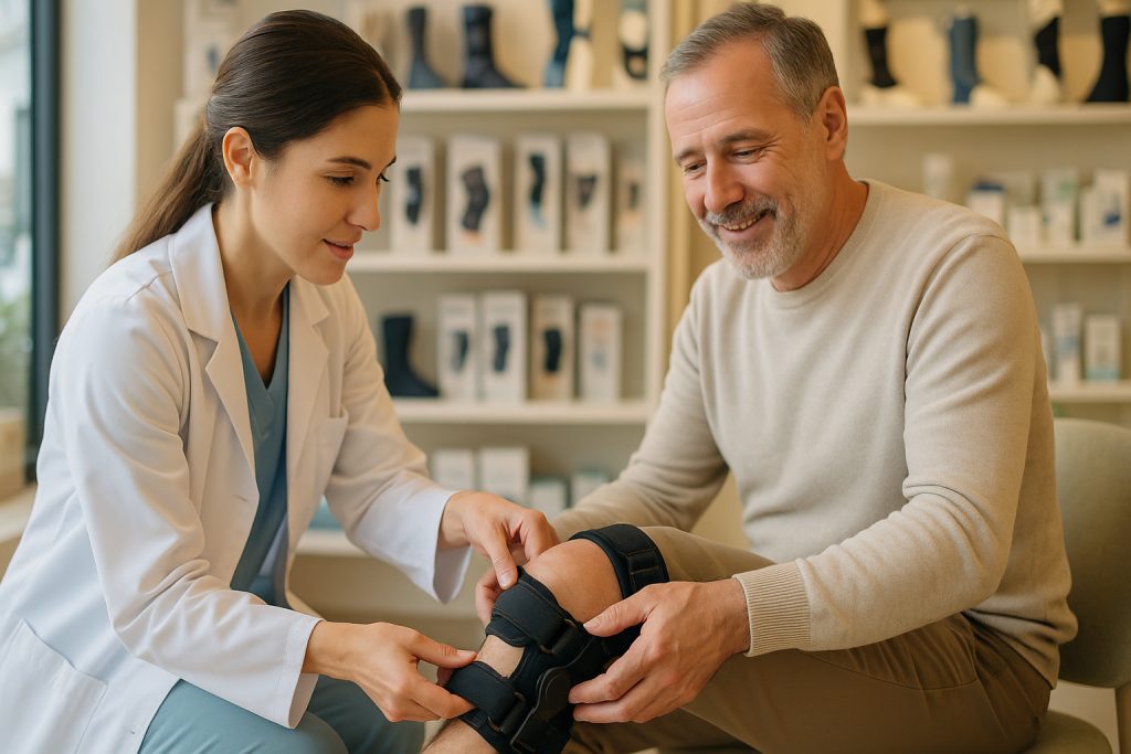 Profesional ajusta una ortesis de rodilla a paciente en farmacia-ortopedia de Cornellà; detalle de rodilla y manos.