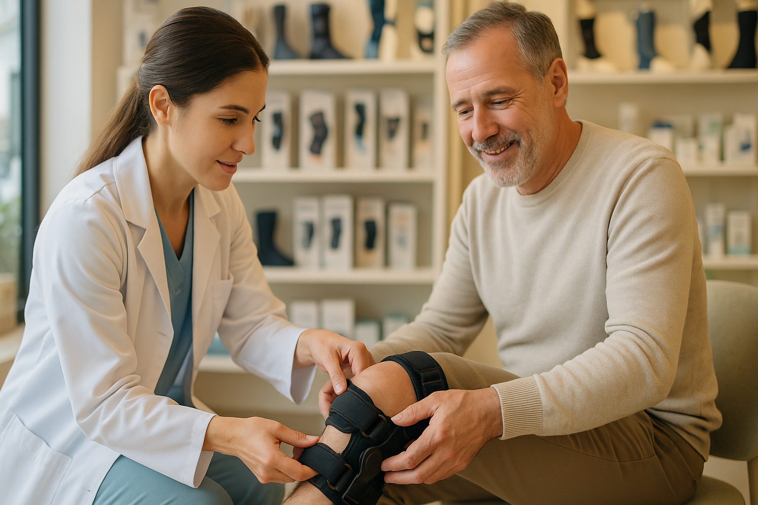 Profesional ajusta una ortesis de rodilla a paciente en farmacia-ortopedia de Cornellà; detalle de rodilla y manos.