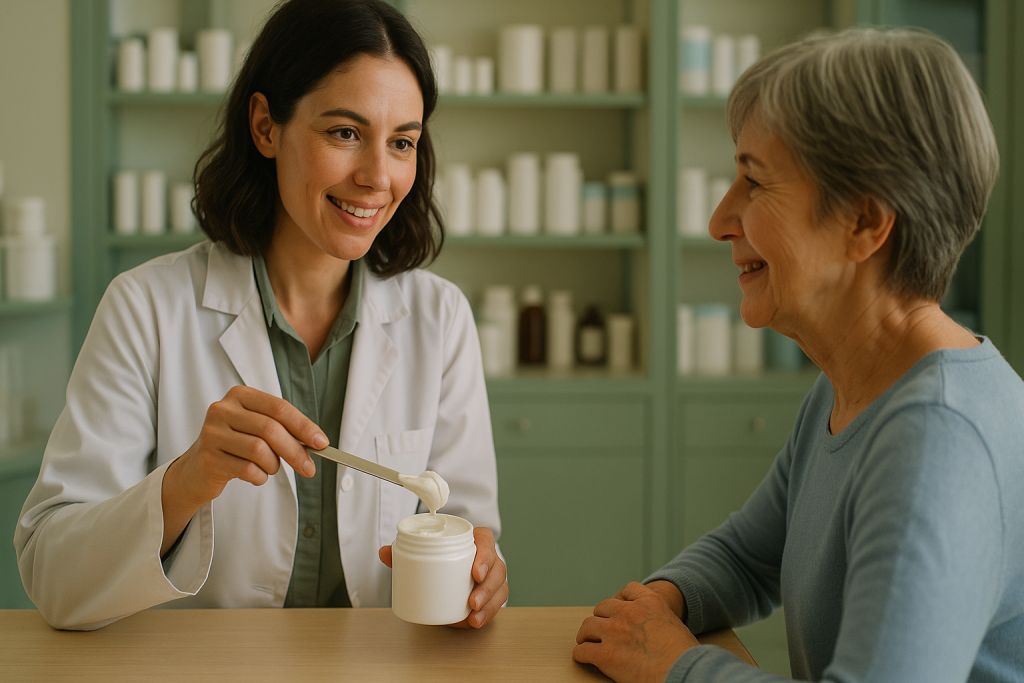 Farmacéutico preparando crema personalizada en mostrador, con paciente y frasco en primer plano, luz cálida y fondo acogedor