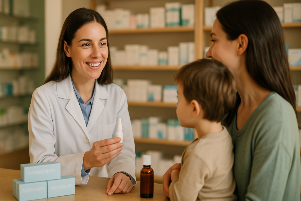 Farmacéutica local aconseja spray nasal a madre e hijo en Hospitalet y Cornellà para aliviar alergias primaverales en abril.