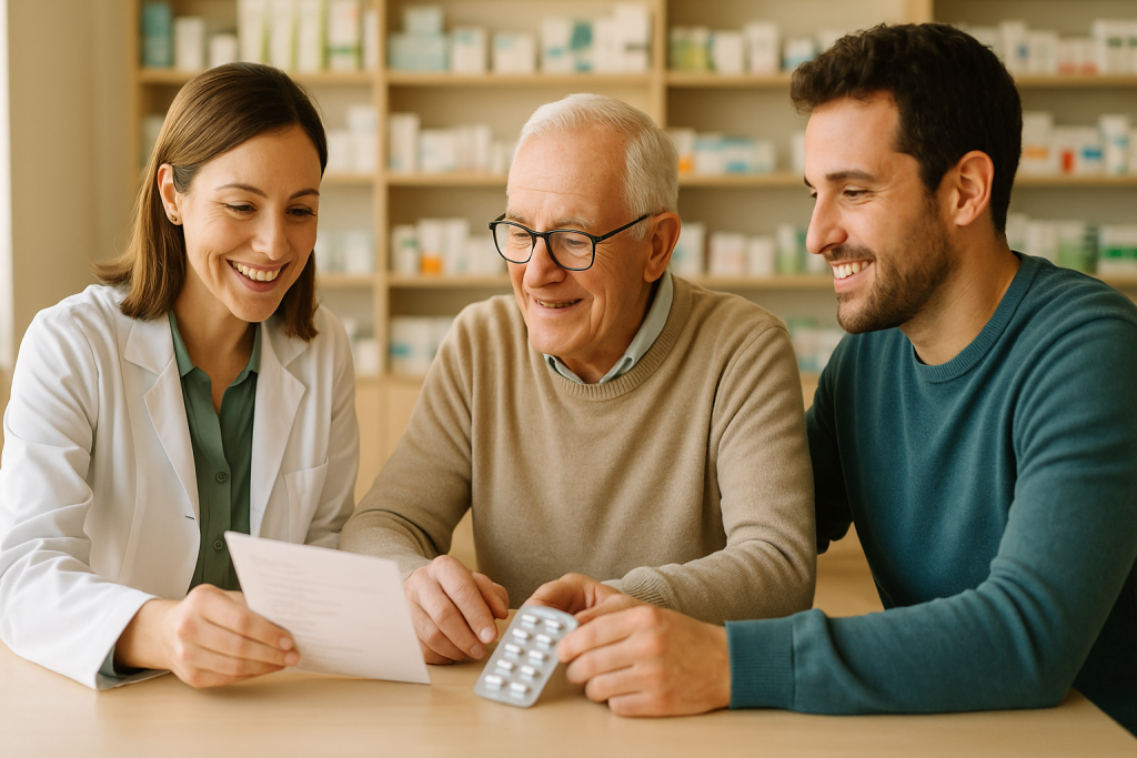seguimiento farmacoterapéutico con farmacéutica, paciente mayor y cuidador revisando medicación y SPD en farmacia luminosa