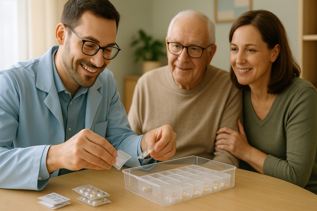 Farmacéutico prepara SPD Hospitalet en blíster semanal ante paciente mayor y cuidador, en sala de farmacia con luz cálida.