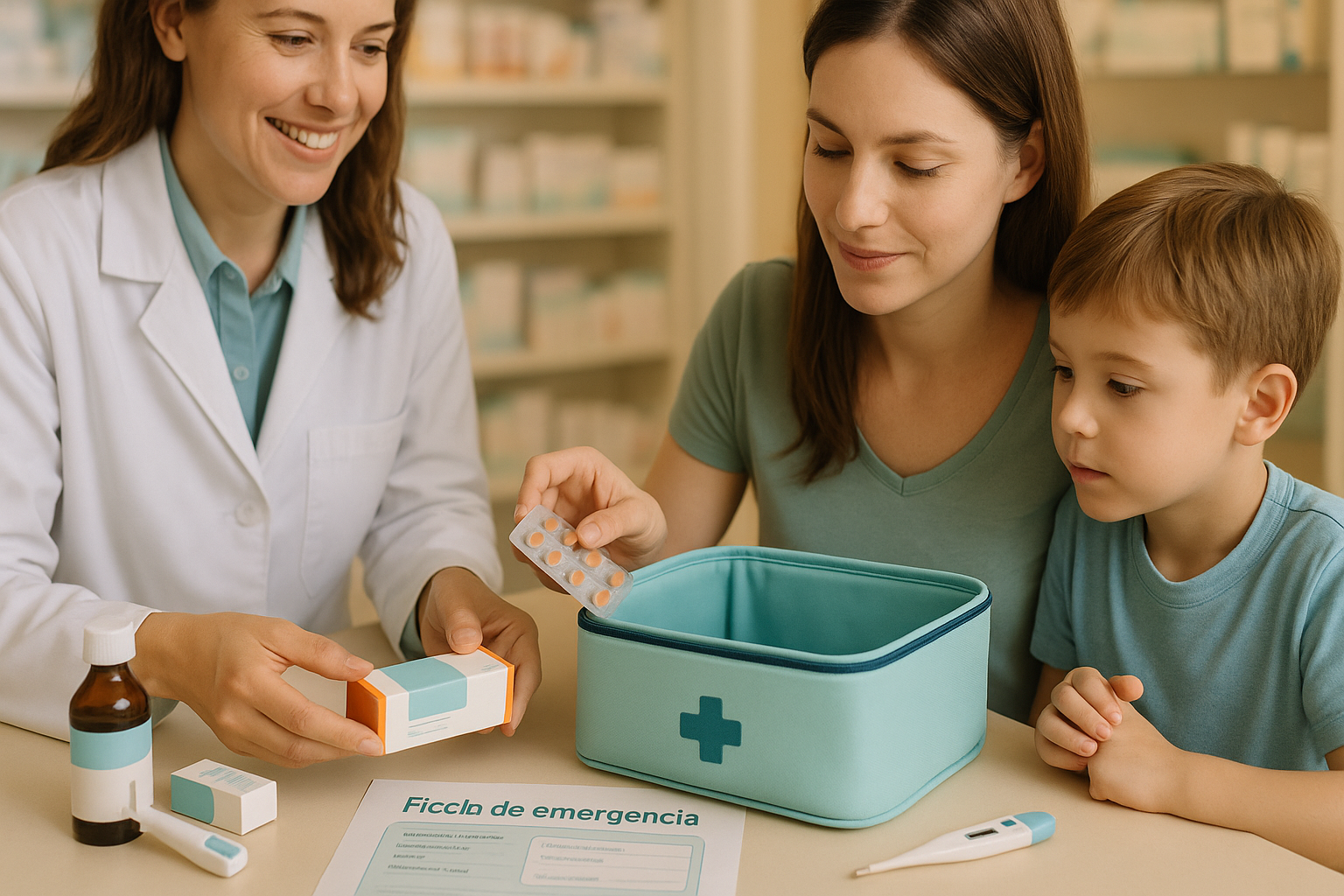 Farmacéutica asesora a madre y niño mientras preparan un botiquín escolar con medicamentos infantiles, apósitos y termómetro.