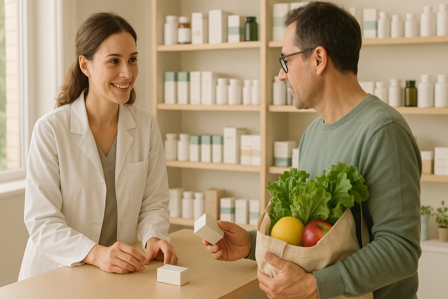 Farmacéutica asesora en farmacia local sobre nutrición tras el verano, con alimentos frescos y suplementos sobre el mostrador