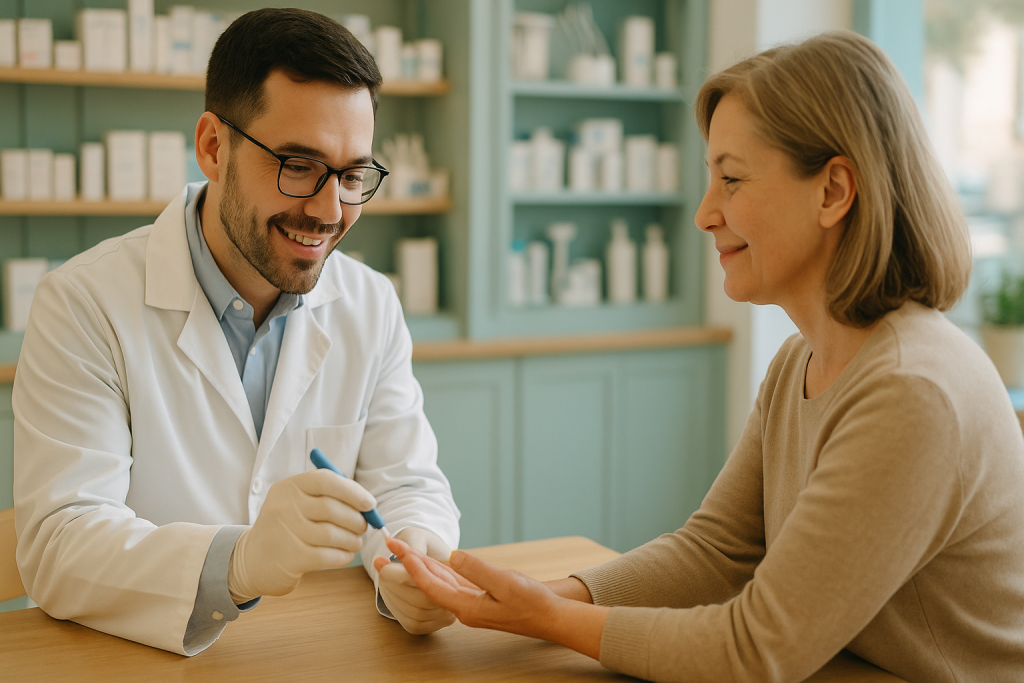 Farmacéutico realiza una toma capilar a una paciente en mostrador; analíticas en farmacia con entorno cercano y luz natural.